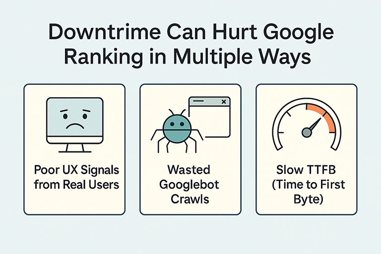 Infographic illustrating three ways website downtime can harm Google ranking: poor UX signals from users, wasted Googlebot crawls, and slow TTFB (Time to First Byte), presented with simple icons and soft colors.
