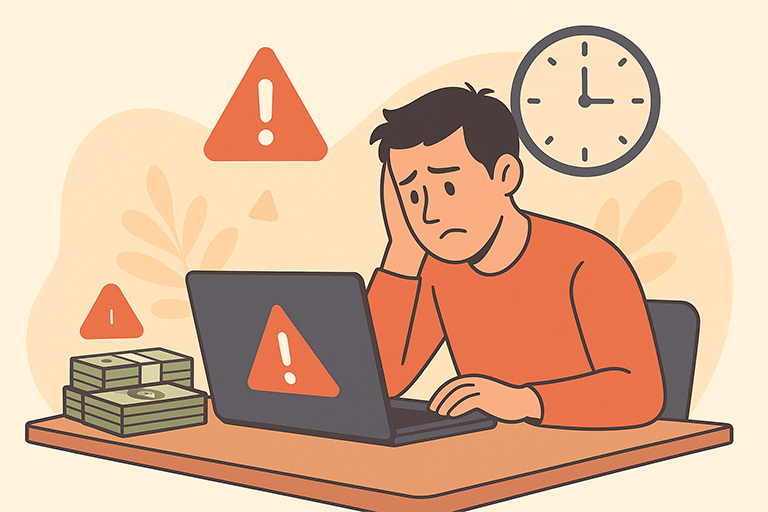 Illustration of a worried man sitting at a desk with a laptop showing error alerts, stacks of money beside him, and a clock in the background, symbolizing the hidden cost of small downtimes on SEO performance.