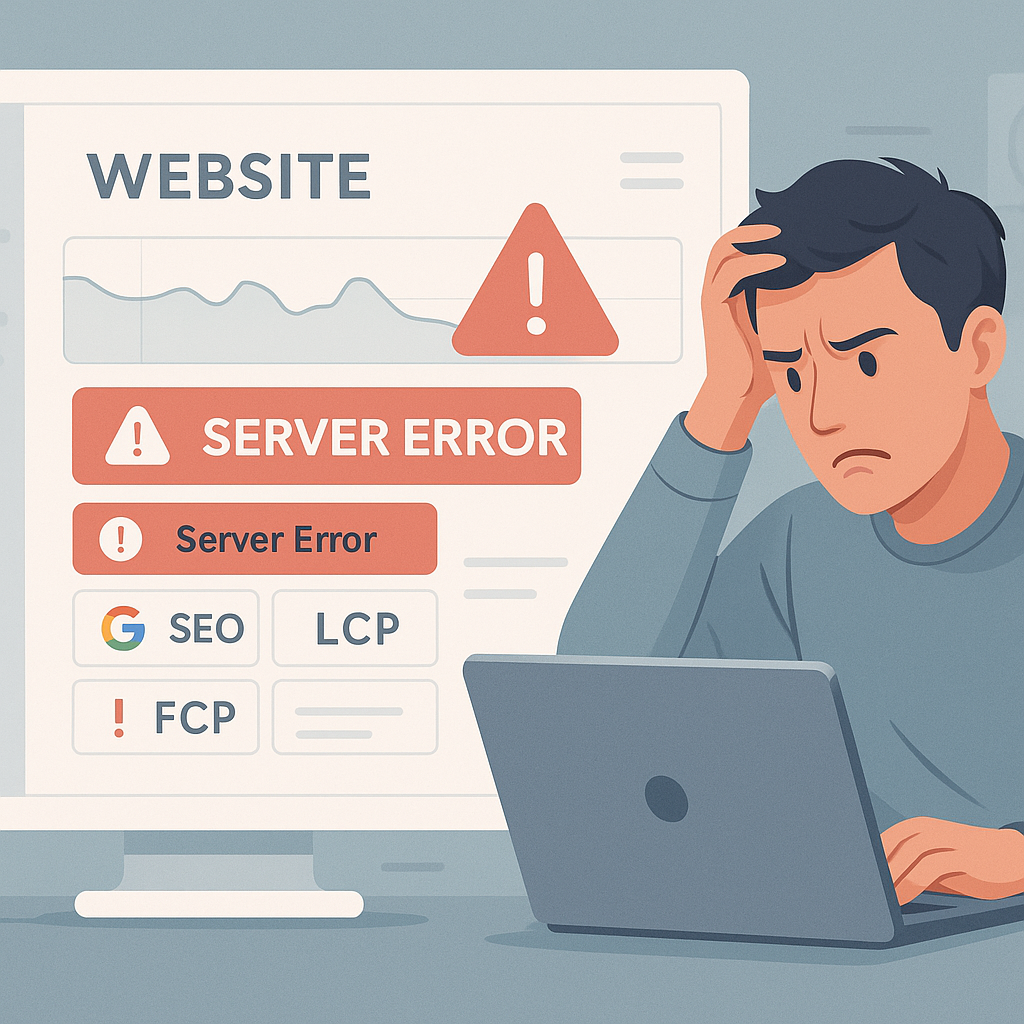 Frustrated man looking at a laptop with a server error warning on screen, alongside SEO metrics like FCP and LCP, symbolizing how website downtime impacts Google ranking.