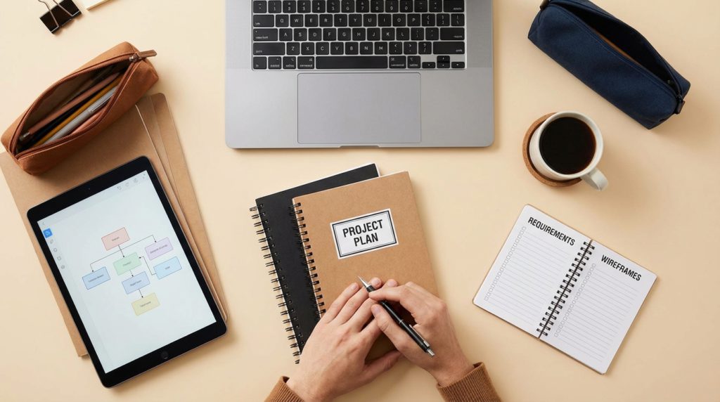 Top-down view of a developer's organized desk with a laptop, a person's hands writing in a "Project Plan" notebook, a tablet showing a flowchart, and a separate notebook with "Requirements" and "Wireframes" checklists.